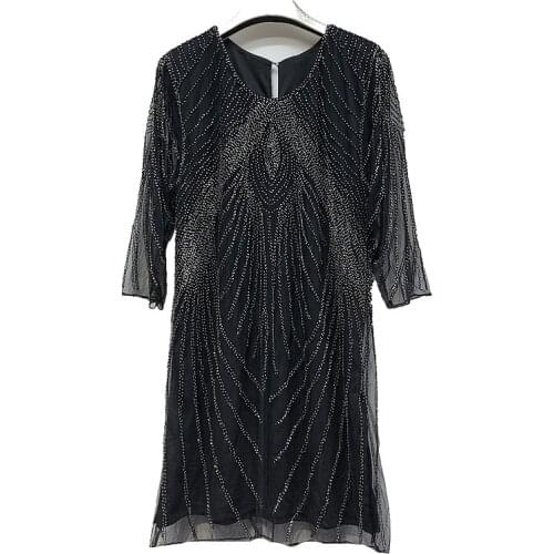 Autumn Women 3 Colors Three Quarter Round Neck Pullover Straight Sequins Beading Mesh Casual Fashion Mother Dress 23105