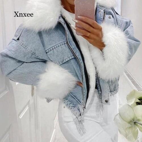 Winter Thick Denim Jacket Casual Womens Long-Sleeved Short Warm Jacket Fur Collar Coat Loose Style Street Style Coat