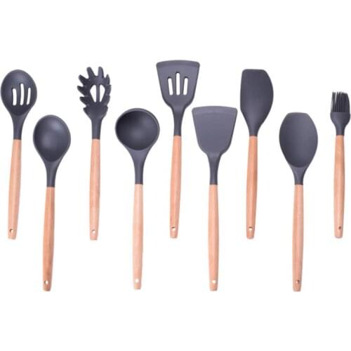 1PC Silicone Kitchenware Kitchen Cooking Tools Wood Handle Soup Spoon Spatula Brush Scraper Pasta Server Egg Beater Gray