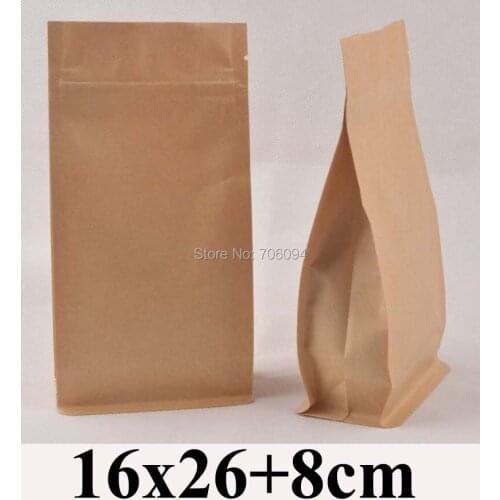 100PCS 16*26+8cm Flat bottom standup ziplock kraft bag 6.3''*10.2'' side gusset zipper kraft bag coffee tea nut kraft paper bag