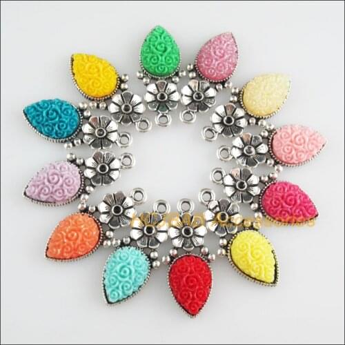 12 New Flower Charms Tibetan Silver Tone Retro Mixed Teardrop Resin Pendants 13x29mm
