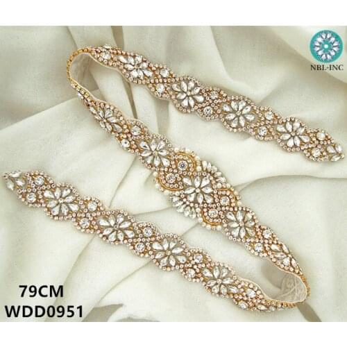 30pcs)Wholesale wedding beaded rhinestone crystal appliques gold IRON ON for wedding dresses belt WDD0951