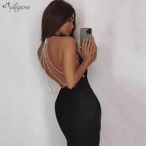Ailigou 2021 New Ladies Tight Dress Sexy Sleeveless Nightclub Midi Bandage Dress Diamond Chain Halter Celebrity Party Dress