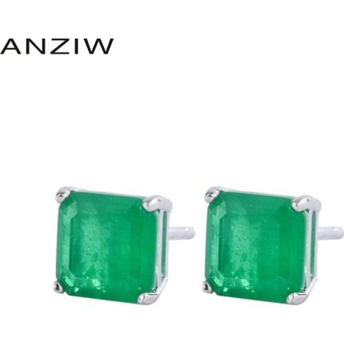 ANZIW Sterling Silver Emerald Cut 7*7mm Lab Created Emerald Fashion Classic Stud Earring for Women Jewelry Gifts