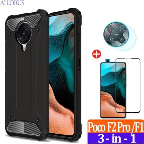 3-in-1 Bumper Phone Case for Xiaomi Poco F2 Pro Case Armor Shockproof Protective Cases+Pocophone F2Pro Glass+Camera,Original cellphone Accessories Cover Pocofone Pocophone F1 PocoF2Pro Silicone Case