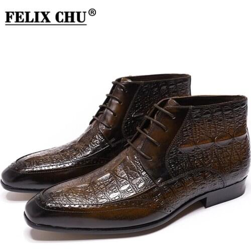 FELIX CHU Genuine Leather Mens Ankle Boots Alligator Print Lace Up High Top Dress Shoes Black Brown Casual Men Motorcycle Boots