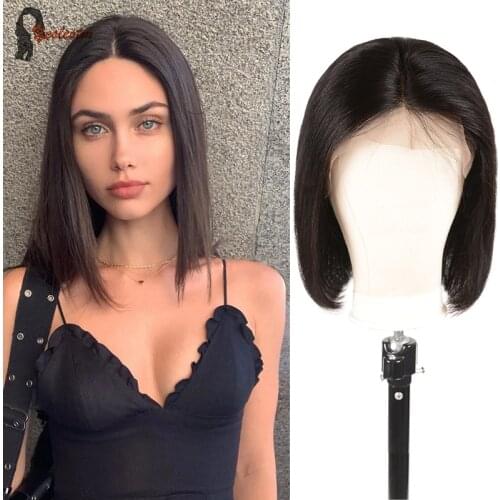 Yeslestm Brazilian Bob Wig Straight Middle Part Lace Wig Human Hair Wigs For Women 4X4x1 T Part Lace Wig Straight Lace Closure