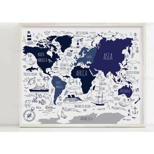 Children Room Art Poster Navy Blue World Map Canvas Painting On The Wall Print Picture Home Decoration Nursery Frameless Mural