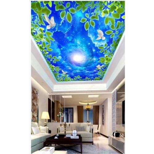 Custom ceiling wallpaper for walls 3 d mural Beautiful Cosmos sky green leaf white dove ceiling mural wall papers home decor