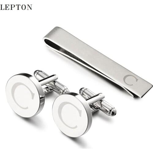 Hot Sale Round Letters C Cufflinks for Mens Silver Color Letters C of alphabet Cuff links & Tie Clip Set Men Shirt Cuffs Button