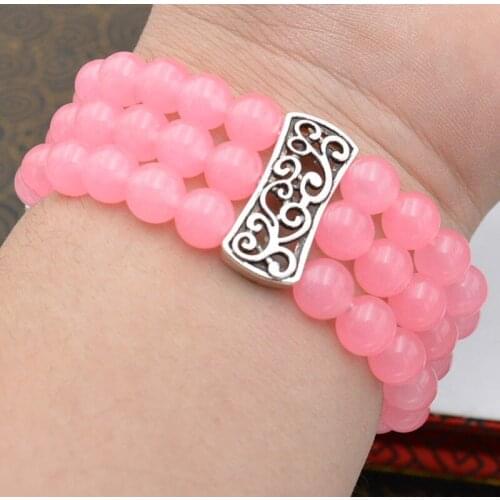 HOT 3 Row Womens Natural 8mm Pink jade Beads Stretch Tibetan silver Bracelet