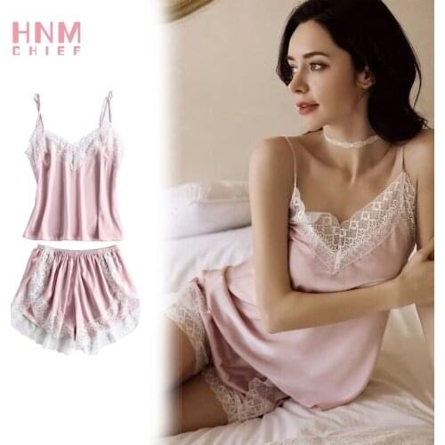 HNMCHIEF Pink Sexy Lingerie Sleepwear SummereLace Trim Satin Cami Top and Summer Shorts Pj Set WomenLangerie Bridesmaid Gift
