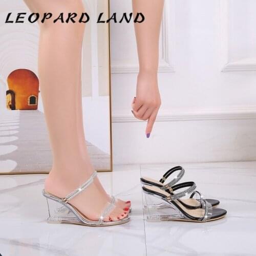 LEOPARD LAND Womens Purpose Crystal Transparent Slanted Heel Sandals Summer Line Womens Slippers Sexy High Heels WZ-C8-7