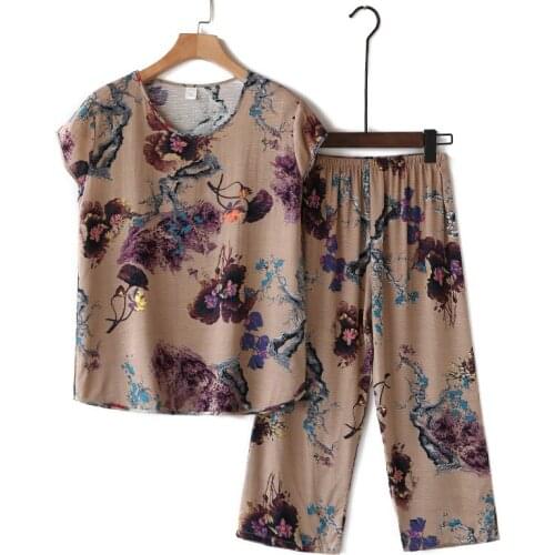 Middle-aged and Elderly Womens Summer Suits Short Sleeve Cotton Linen T-shirt Top & Wide-leg Pants 2 Pcs Home Service Sets 4XL