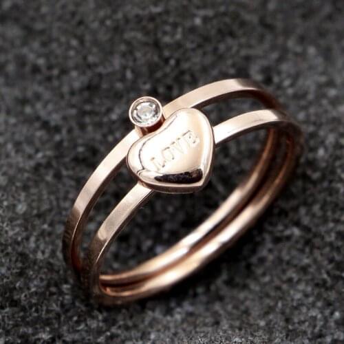 Fashion Rose Gold Color Stainless Steel Love Letter Heart Round Crystal Ring Engagement women Wedding Gift