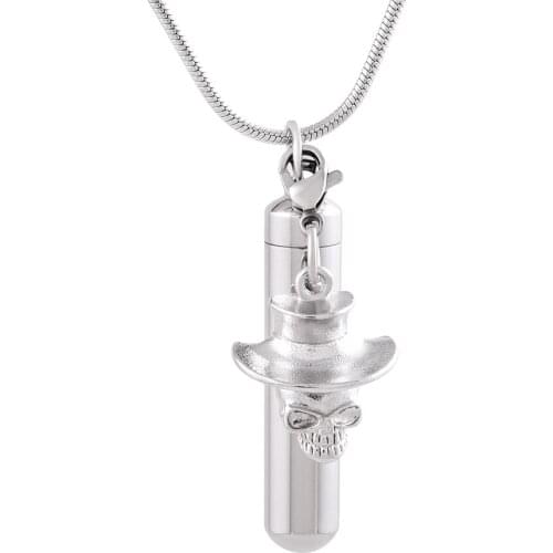 IJD9859 Trendy Blank Cylinder Cremation Pendant Memorial Necklace With Skull Charm Stainless Steel Ashes Urn Keepsake Jewelry