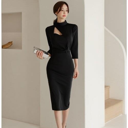 New arrival fashion korean spring midi dress women OL professional temperament sexy hollow personality black slim pencil dress
