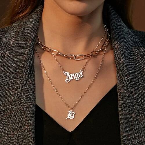 New Multilayer Chain Letter Angel Pendant Necklace for Women Hip Hop Thick Chain Three-layer Sweater Chain Choker