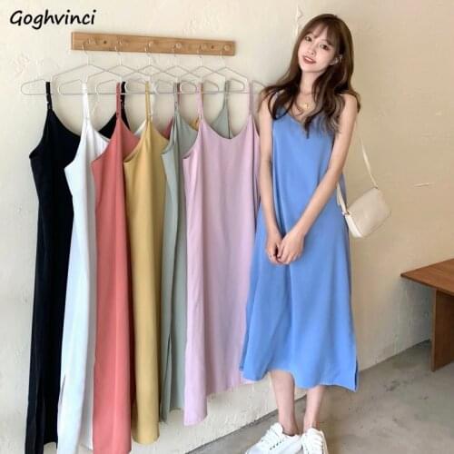 Dress Women Solid Summer Fashion New Loose Casual Spaghetti Strap V-neck Korean Style Elegant Vintage All-match Vestido Feminino