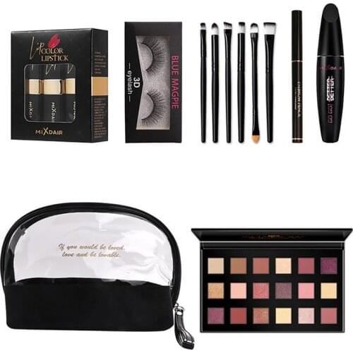 Lipstick Eye Shadow Mascara Makeup Brush 3D False Eyelashes Eyebrow Pencil Set Full Beauty Makeup Set with Cosmetic Bag