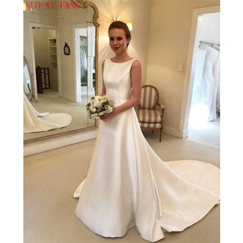 2020 Cheapest Boho A-line Jewel Backless Wedding Dress Sweep Train Satin Bridal Dress Bow On Back Country Wedding Bride Dresses