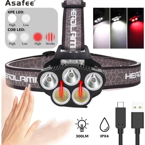 Asafee Super Bright LED Headlamp XPE+COB Type-C USB Rechargeable Built-in Battery IPX4 Waterproof Camping Hunting Head Lamp