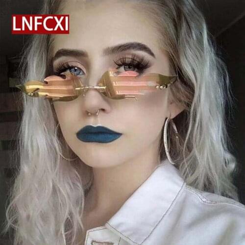 LNFCXI Vintage Cat Eye Fire Flame Sunglasses Women Men Rimless Wave Sun Glasses Eyewear Narrow Pink Glasses Streetwear