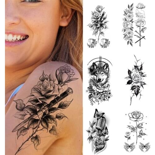 Waterproof Temporary Tattoo Sticker Gun Geometry Flowers Roses Sexy Fake Tatoo Breast Chest Back Belly Flash Tatto for Women Men