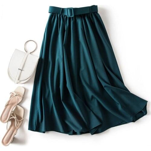 2021 Women Casual Elegant Skirt Spring and Summer Solid High Waist Belt A-Line Vintage Office Party Long Skirt Faldas Jupe Femme