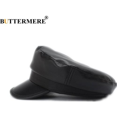 BUTTERMERE Black Leather Military Hat Women Army Cap Ladies Baker Boy Hat Spring Autumn Duckbill Female Newsboy Flat Top Hat