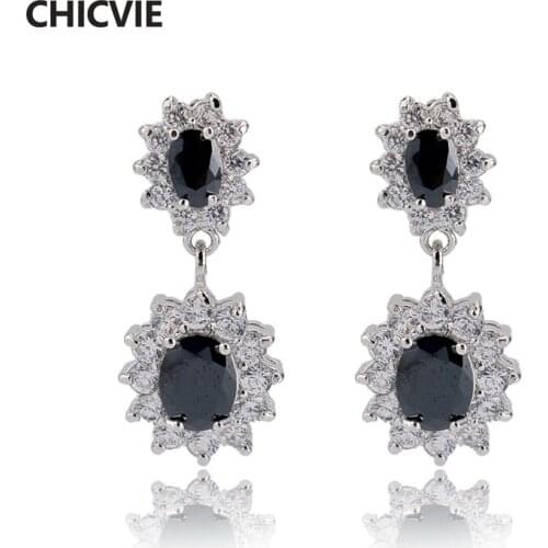 CHICVIE Luxury Black Geometric Crystal Earrings For Women Stainless Steel Earring Silver Jewelry Statement Earrings SER140057