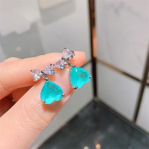 QTT Cute Hanging Earrings Heart Emerald Paraiba Tourmaline Gemstone Earrings For Women 925 Sterling Silver Jewelry Wedding Party