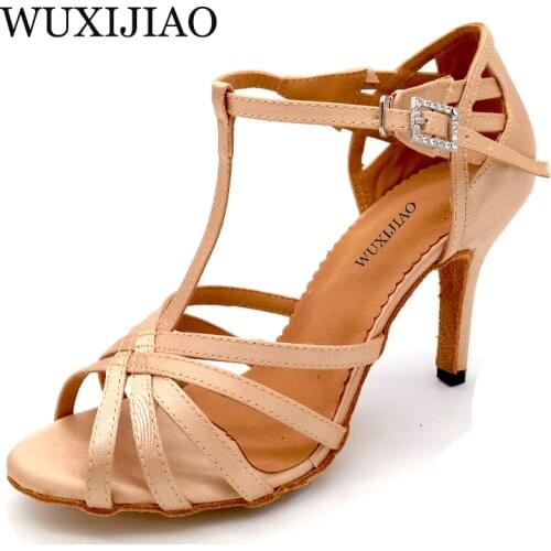 WUXIJIAO New Satin and Flash Cloth Ballroom Party Dance Shoes skin Latin Dance Shoes Woman Salsa Heel 6/7.5/8.5/10cm