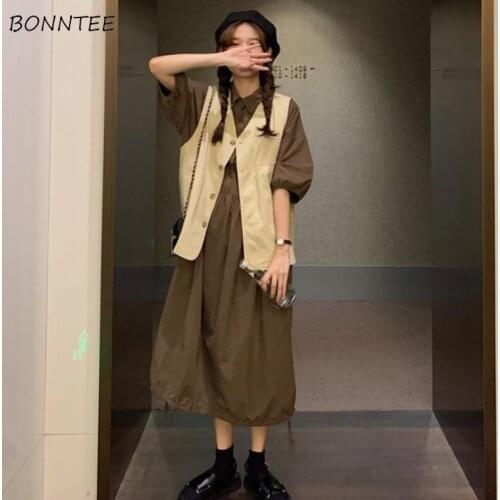 Dress Sets Women Summer Koren Style Vintage Calf-mid Vest Kawaii Button Pockets Baggy Two Pieces Trendy Students Lantern Sleeve