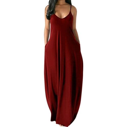 Plus Size Summer Dress Women Sexy Solid Sleeveless Maxi Dress O-neck Pockets Robe Camisole Long Dress Oversized Robe Femme