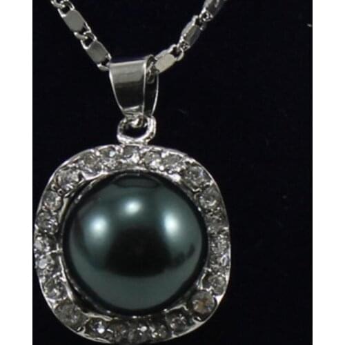 Womens fashion silver plated square micro inlaid white diamond + Round Black Shell Pearl Pendant Necklace