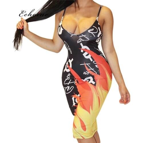 Echoine Party Bodycon Dress Women Flame Character Print Sexy Spaghetti Straps Sleeveless Slim Night Club Charming Ladies Vestido