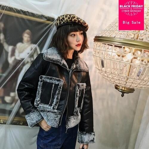 Winter womens locomotive padded coats faux fur jacket imitation leather jacket thicken warm casual outwear fur jacket L1505