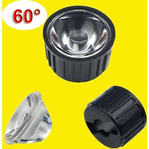 100pcs Good Quality 20mm 5 15 30 45 60 90 120 Degree Acrylic Clear LED Lens +22mm Black holder Cover for 1W 3W 5W Chip LED Light