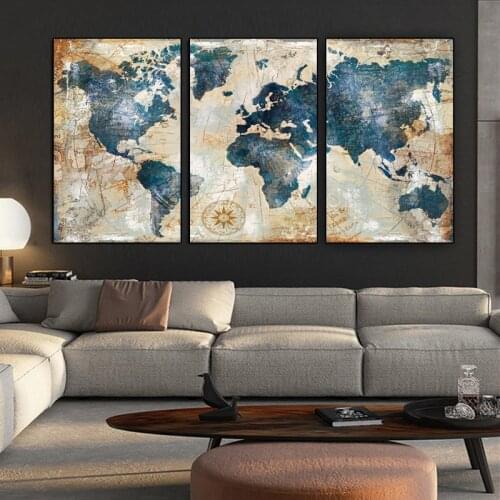 3Panel Watercolor World Map Painting HD Print on Canvas Landscape Modular Wall Painting Sofa Cuadros Art Picture For Living Room