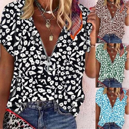 Fashion Elegant Woman Blouses 2021 Short Sleeve V Neck Women Blouse Comfy Floral Print Zipper Casual Shirt Pullover Ladies Top