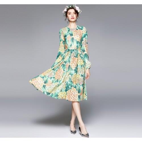 Elegant Graceful Summer Dress Women High-End O Neck Flower Print Puff Sleeve Boho Dress Mid Long Sleeve Dresses Vestidos Mujer