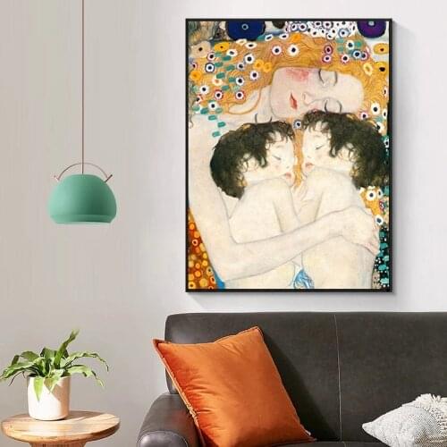 Famous Art Gustav Klimt Mother Sleep with Twins Baby Canvas Paintings Reproductions for Modern Wall Posters Decorative Pictures