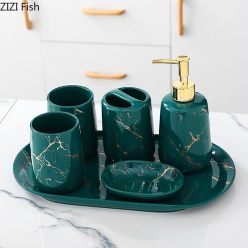 Imitation Marble Ceramic Wash Kit Soap Dispenser and Mouthwash Cup Set Five-piece Set Home Bathroom Accessories Wedding Gifts