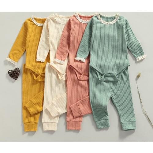 0-24M Newborn Kids Baby Girls 2PCS Sets Autumn Clothes Solid Long Sleeve Lace Trim O-Neck Bodysuit Tops Pants Outfit Set