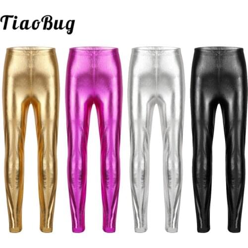 TiaoBug Kids Girls Shiny Metallic Skinny Pants Dance Wear Elastic Waistband Leggings Child Hiphop Performance Jazz Dance Costume