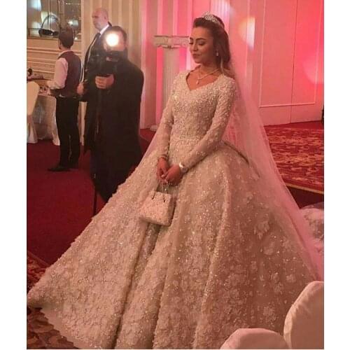 2020 Real Image Long Sleeve Muslim bridal Gown Flowers Appliques Vestido De Noiva Casamento Lace mother of the bride dresses