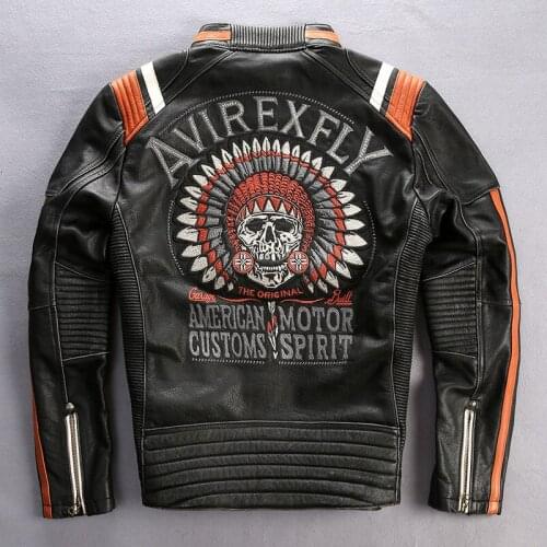 AVIREXFLY Mens Punk style Embroidery skulls leather motorcycle jacket Vintage black genuine leather jacket men biker jacket