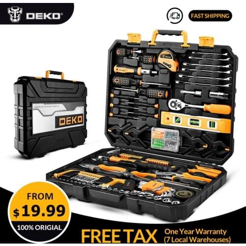 DEKO TZ Series Hand Tool Set General Household Repair Hand Tool Kit with Plastic Screwdriver Toolbox Storage Case Socket Wrench