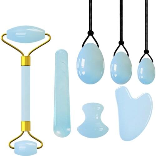 Jade Massage Roller Set Gouache Scraper Natural Stone Opal Quartz Guasha Board Yoni Egg Face Roller Massager